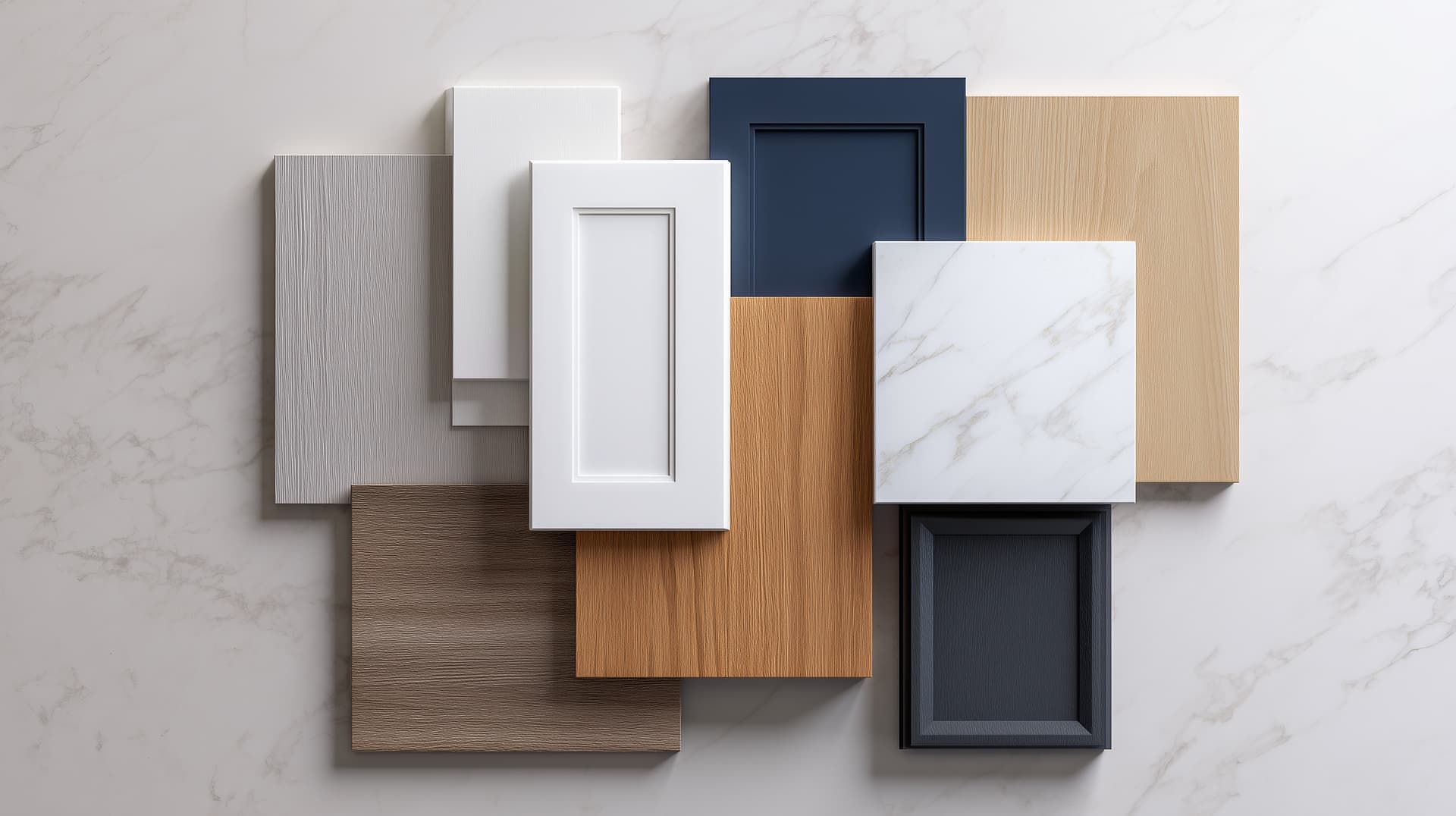 Cabinet door samples laid out beside a stone sample