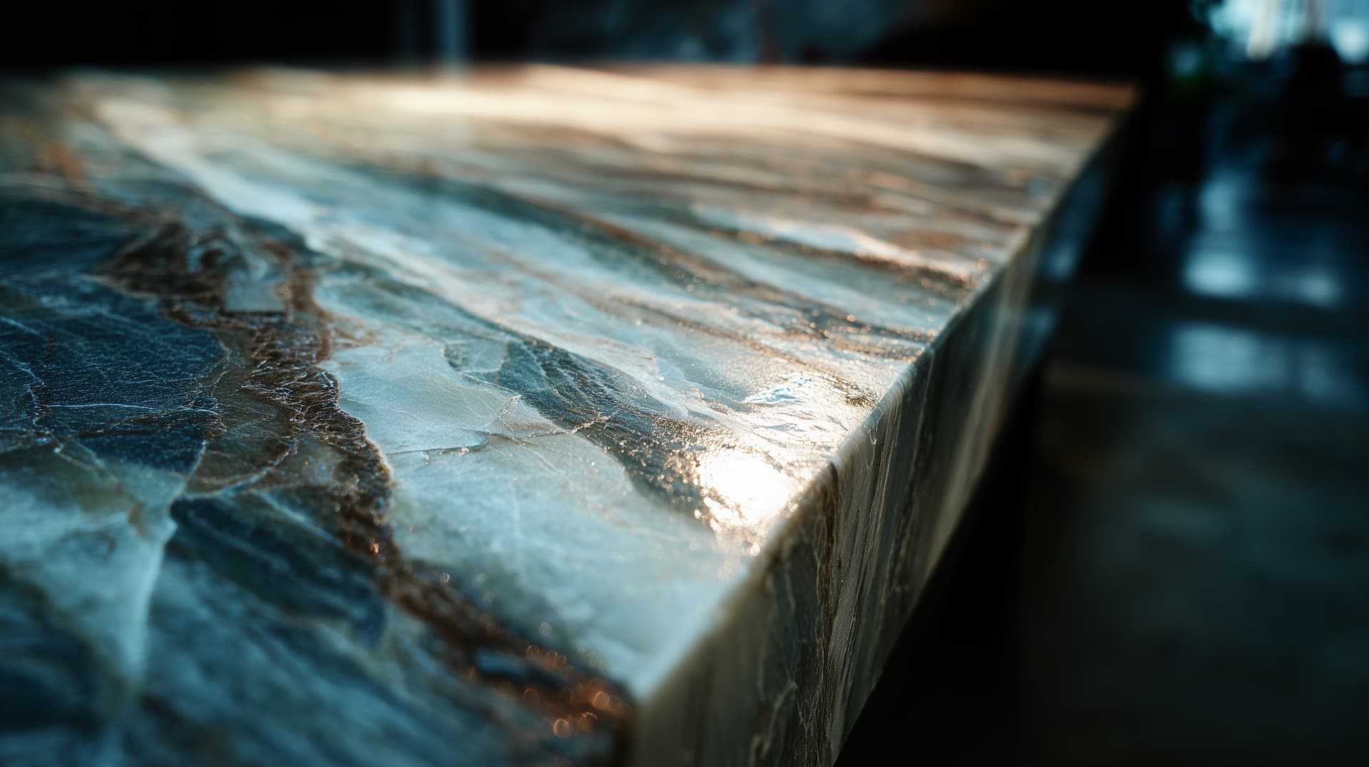 Close-up of a quartzite countertop edge in natural light