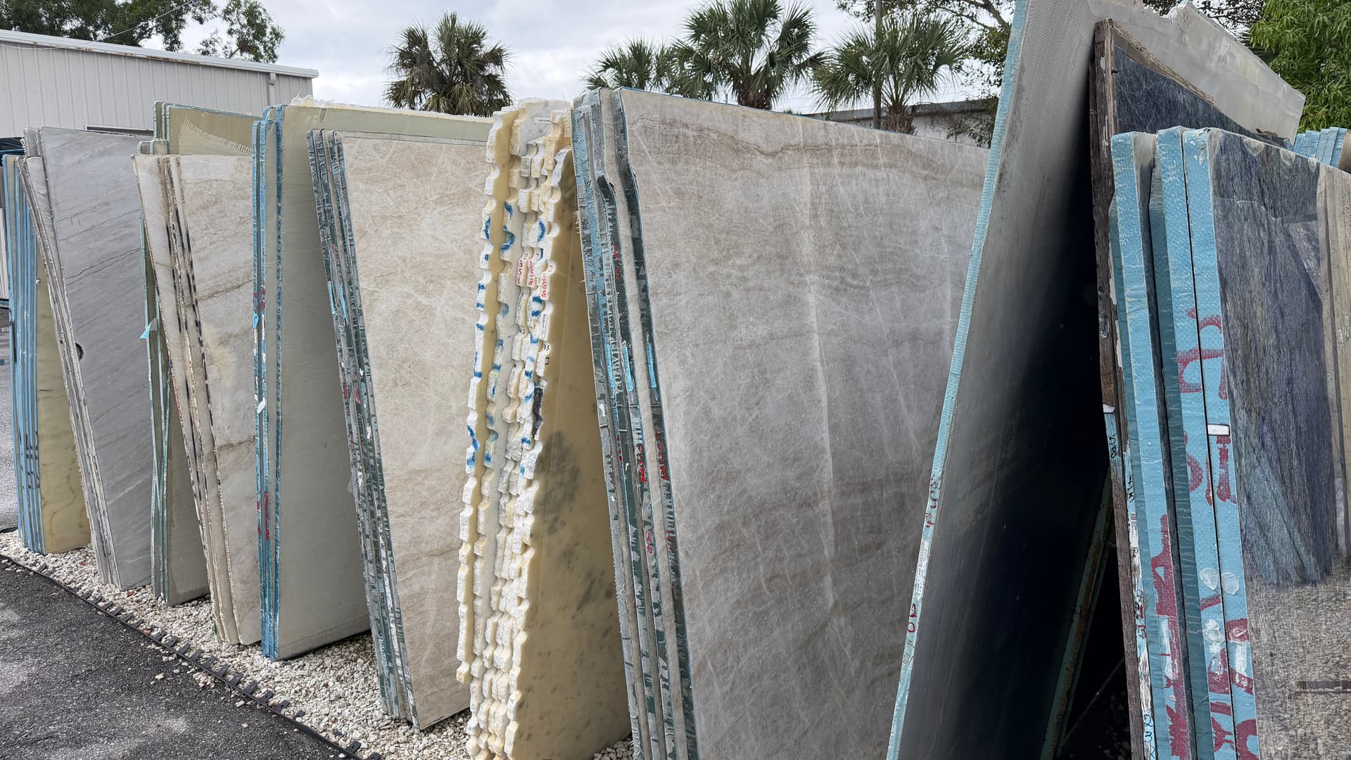 GMFI outdoor stone vault — 500+ slabs in natural daylight